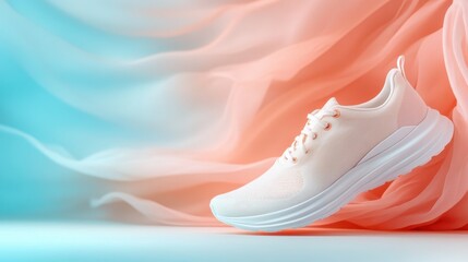 A modern, stylish running shoe elegantly displayed on a pastel fabric background, showcasing its design and lightweight fabric, perfect for athletic and fashion enthusiasts alike.