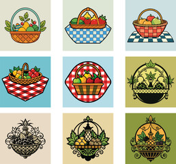 Assorted Fruit Baskets Collection Decorative Fruit Basket Designs Vector Illustration Template