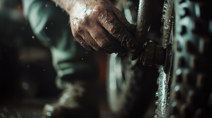 A close-up of a mechanic's muddy hand tightening a motorcycle wheel, emphasizing the hard work and dedication behind motorcycle maintenance and repair in an industrial setting.