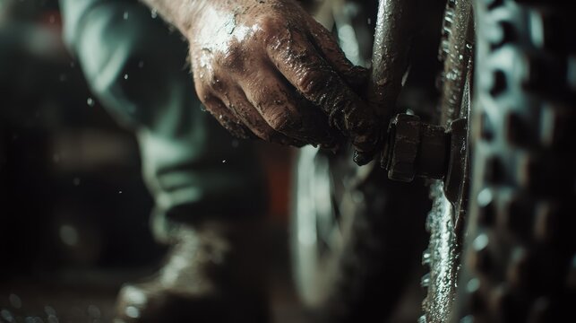 A close-up of a mechanic's muddy hand tightening a motorcycle wheel, emphasizing the hard work and dedication behind motorcycle maintenance and repair in an industrial setting.