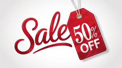 A dynamic visual featuring the word "Sale" in bold red lettering with a 50% off price tag.
