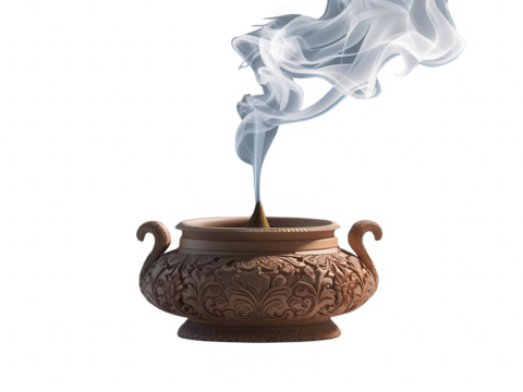 A beautifully carved incense burner releases fragrant smoke isolated on transparent background, cut out, png, creating a serene and calming atmosphere.