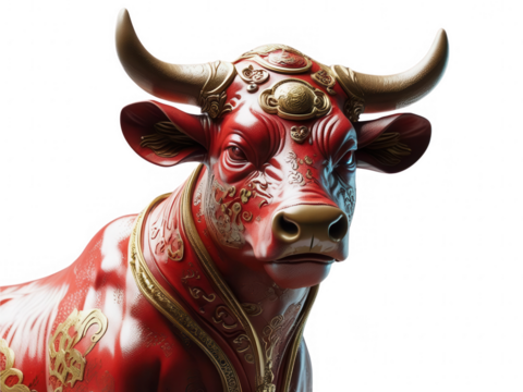 A striking red Chinese bull statue, meticulously detailed with golden accents isolated on transparent background, cut out, png, exudes strength and cultural significance - Powered by Adobe