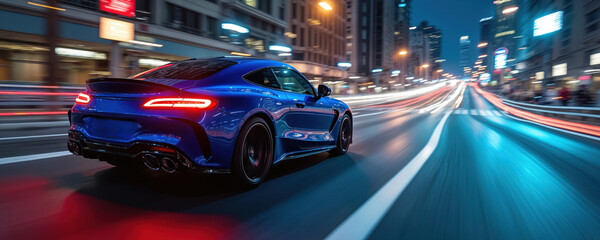 Blue sports car speeding night city street leaving neon light trails. Fast auto movement on highway. Car racing on track. Modern car transport. Night cityscape with bright lights.