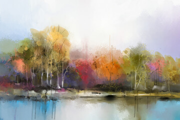 Abstract art, watercolor painting countryside landscape with tree, hill, lake or river and blue sky in nature. Illustration artwork, paint natural scenery on summer, spring season for background.