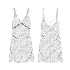 Flat sketch of nightwear slip for women in editable vector. Satin Slip dress design flat sketch fashion illustration with lace. v neck Lace night dress cad drawing vector template.