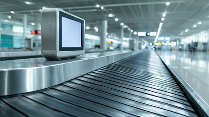 Fototapeta premium A black conveyor belt with a silver box on it