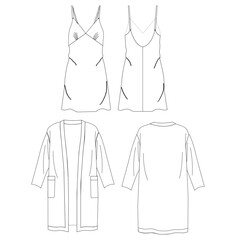 Women's kimono top Pajama suit with Wide lag pants design flat sketch fashion illustration drawing with front and back view. Flared pants with long sleeve pajama blouse top set cad drawing.
