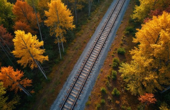 Aerial view railway track through autumn forest. Yellow, green, orange trees. Railroad line traverses, colorful fall foliage. Transportation, travel background, scenic landscape with metal tracks.