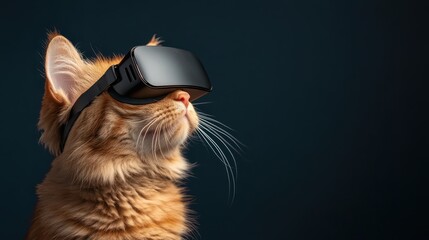 A curious ginger cat dons a sleek VR headset, gazing thoughtfully. This whimsical image combines technology and pet charm, highlighting the fusion of animals and modern innovations.