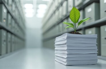 Green leaf grows from stack of climate change policy papers in archive. Concept of environmental responsibility, conservation. Growth, hope, new beginnings, development, environmental politic,
