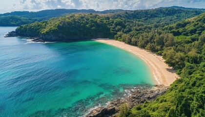 Obraz premium Secluded crescent beach nestled in lush tropical cove, turquoise waters