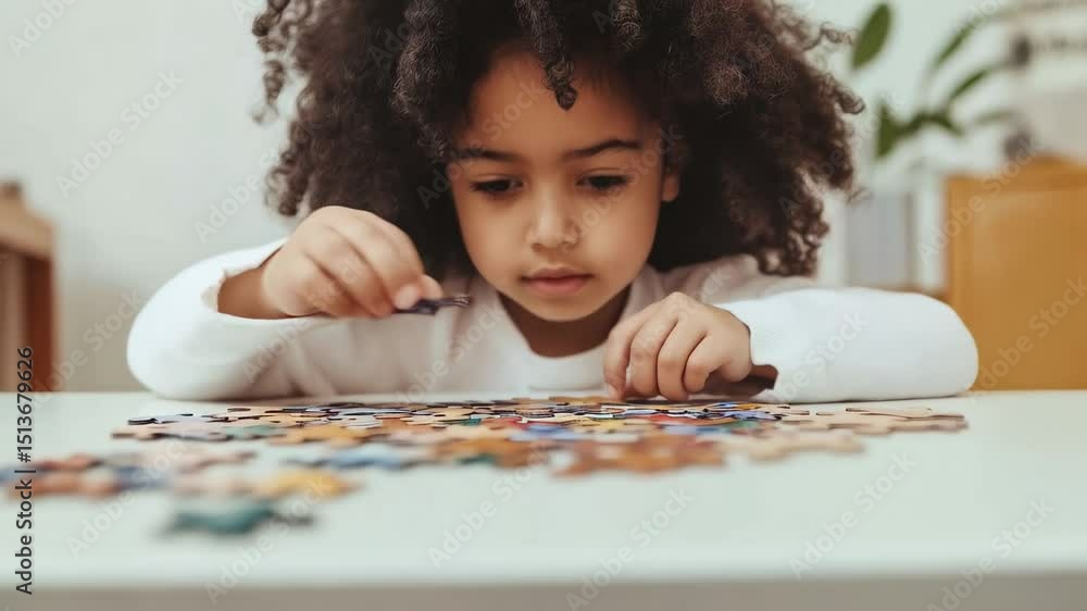 Poster Young child assembling puzzle, displaying concentration while developing cognitive skills at wooden table near sunlit window, enhancing problem solving abilities in comfortable home setting