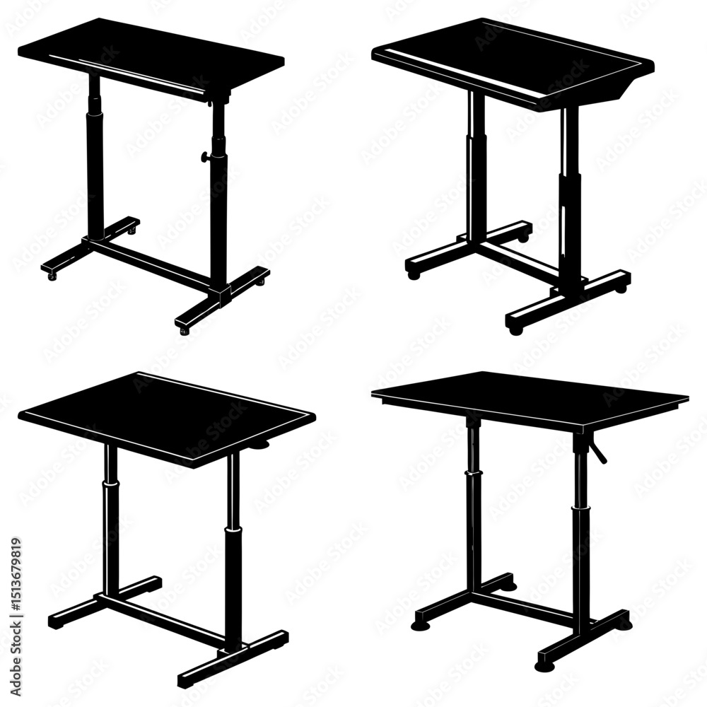 Poster four adjustable height tables with black tops and bases shown in a simple vector illustration style