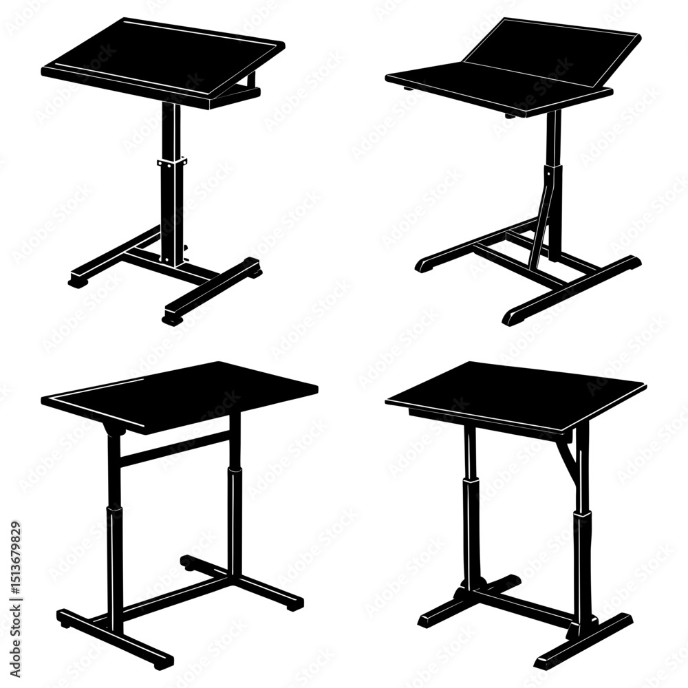 Poster illustration showing four adjustable height tables with different base and top designs in black and 