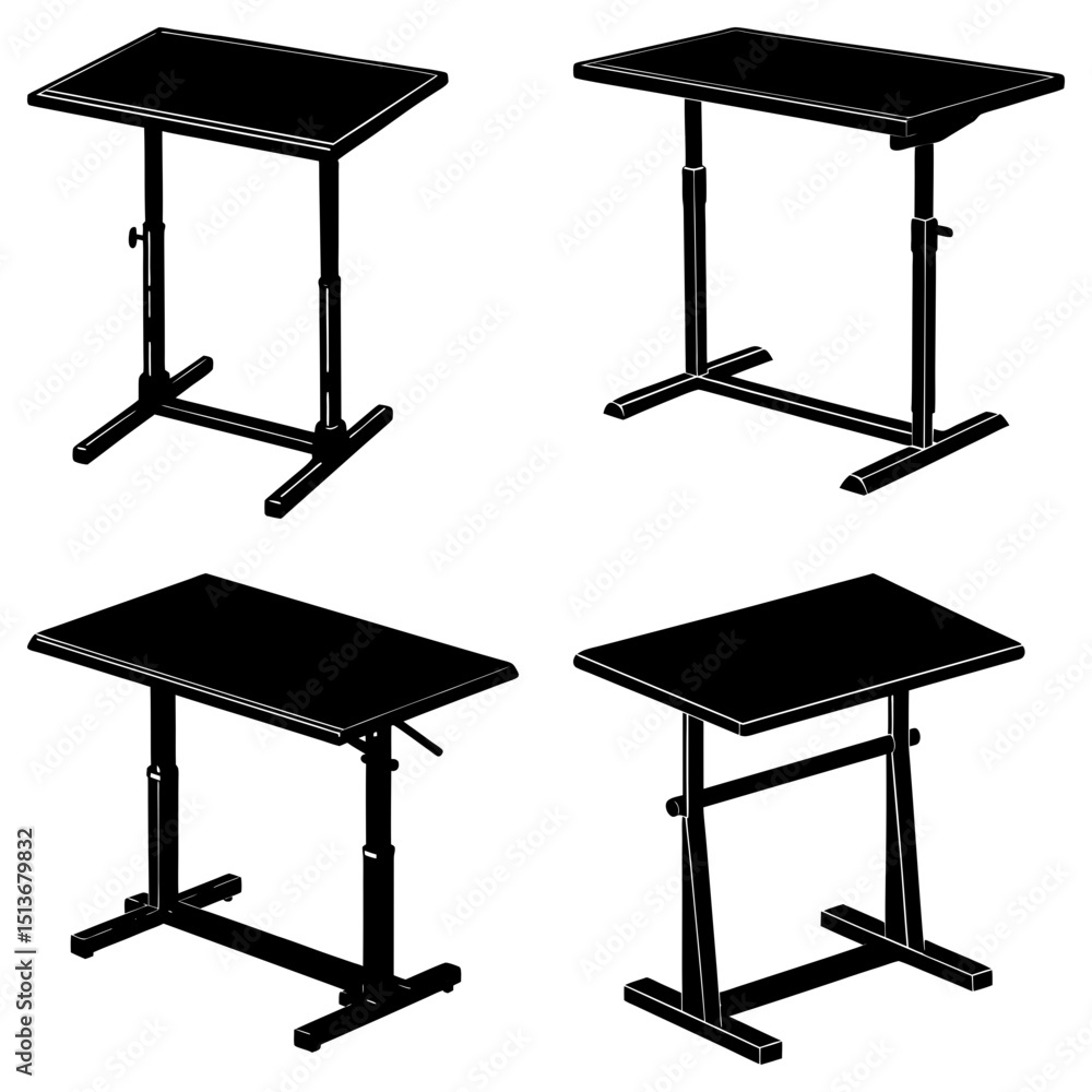 Aufkleber four adjustable height tables with rectangular tops and black frames in a grid arrangement