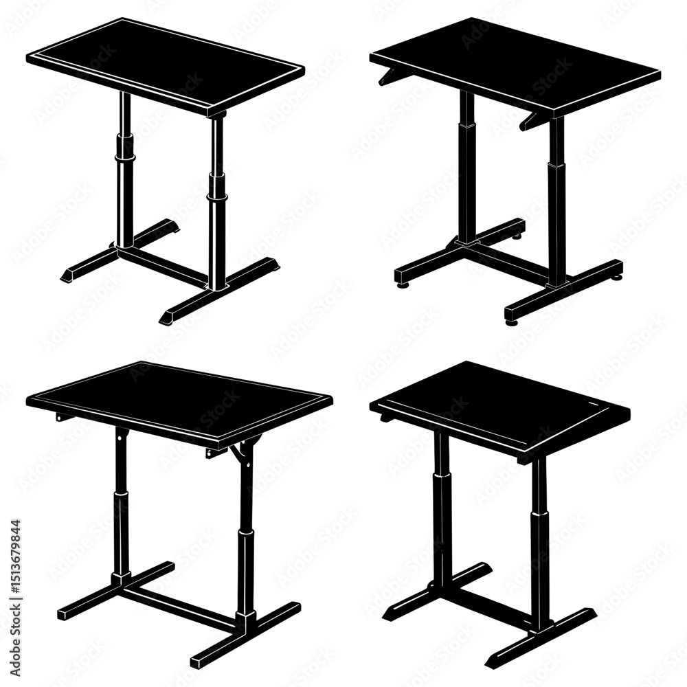 Poster four adjustable height tables with different base and tabletop designs in black and white view
