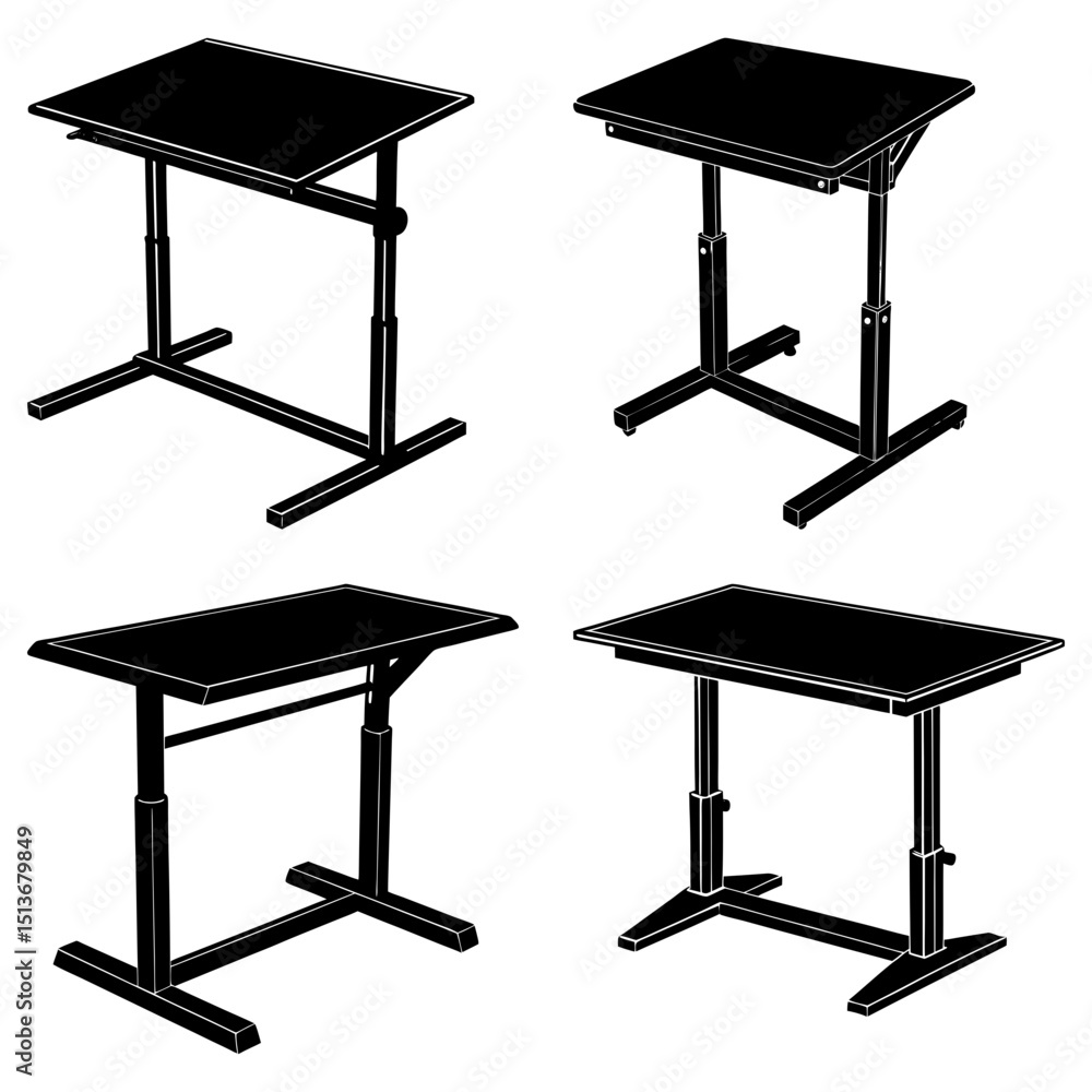 Aufkleber four black adjustable height tables with rectangular tops and t shaped bases in varying positions