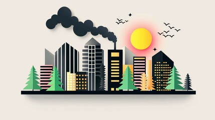 wildfire and  architecture concept. Urban skyline with trees, sun, and smoke, in a modern graphic style.