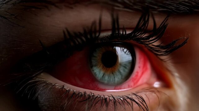 Inflamed human eye with visible blood vessels in sclera representing conjunctivitis, eye irritation, or related medical condition