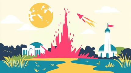 wildfire and  architecture concept. Colorful landscape with fantasy elements and whimsical features.