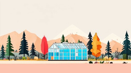 wildfire and  architecture concept. Modern greenhouse surrounded by mountains and colorful trees.
