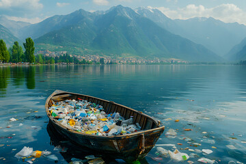 Fototapeta premium Wooden boat filled with plastic garbage, floating on a polluted lake, mountains and town visible in background.