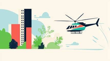 wildfire and  architecture concept. Helicopter flying near modern buildings and greenery in a vibrant illustration.