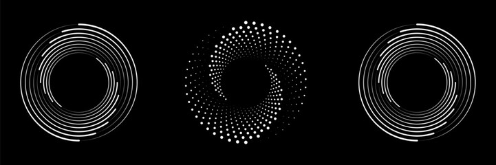 Set of speed lines in circle form. Halftone dotted speed lines. Abstract geometric circles with rotating radial lines who consisting of two sections. Vector