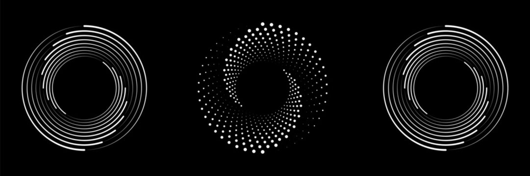Set of speed lines in circle form. Halftone dotted speed lines. Abstract geometric circles with rotating radial lines who consisting of two sections. Vector
