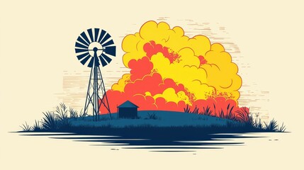 wildfire and  architecture concept. Illustration of a windmill with colorful clouds and landscape.