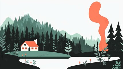 wildfire and  architecture concept. Stylized landscape with a house, trees, and a lake.
