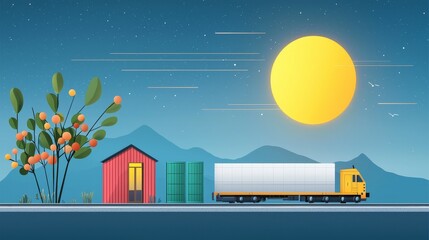 wildfire and  architecture concept. Colorful landscape with a truck, buildings, and a large sun.