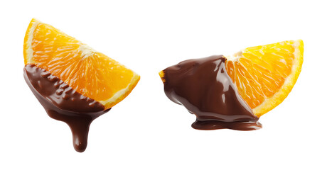 Chocolate dipped orange wedges isolated on transparent or white background, png