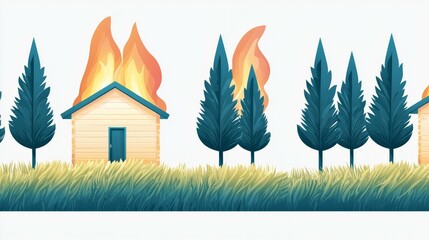 wildfire and  architecture concept. House surrounded by flames and tall trees in a vivid illustration.