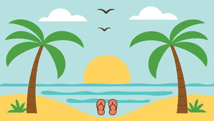 Cartoon Beach Scene with Palm Trees Ocean Sunset and Flip Flops