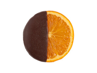 Chocolate dipped orange slice half coated isolated on transparent or white background, png