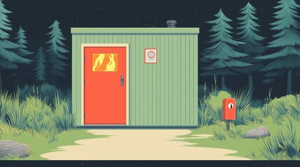 wildfire and  architecture concept. A colorful cabin in a forest setting at night.