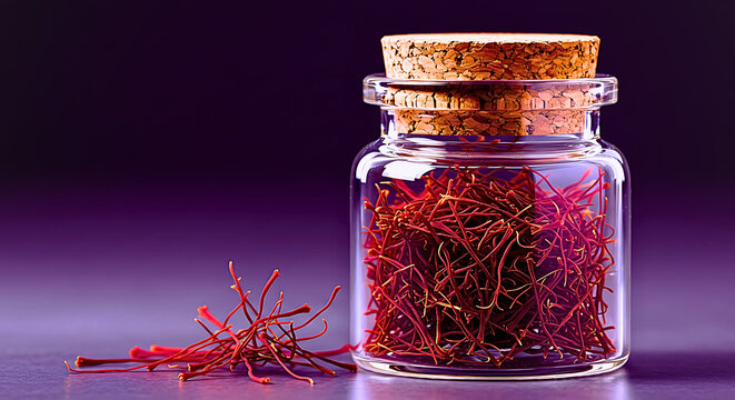 Premium grade saffron threads in a small clear glass jar with cork top, vivid red-orange strands, isolated on transparent background, ultra high resolution, 64K detail