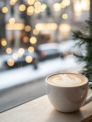Obraz premium White cup of coffee on a wooden table in front of a window. the cup is filled with a latte art, which is a type of coffee with intricate swirls and patterns.