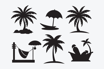 Tropical beach vector illustration with silhouetted palm trees against a summer sunset sky