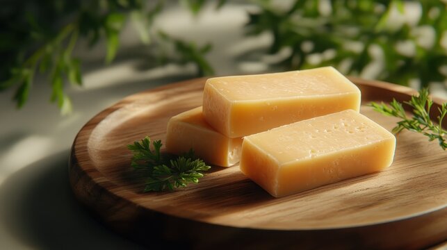 A beautifully arranged selection of artisan cheese is presented on a wooden platter, accompanied by fresh herbs, illustrating gourmet aesthetics and culinary delight. - Powered by Adobe