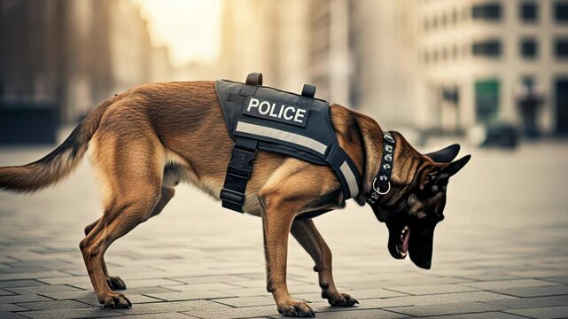Professional police dog with marked harness patrolling urban street, carefully sniffing surroundings and monitoring potential security risks during routine law enforcement operation