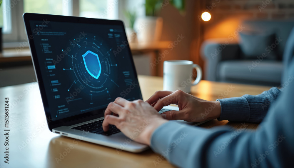 Poster person working on laptop with vpn secure connection displayed on screen. technology concept depicts 