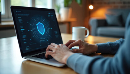 Person working on laptop with VPN secure connection displayed on screen. Technology concept depicts digital protection. Cybersecurity, safe access to network, data privacy with online safety.