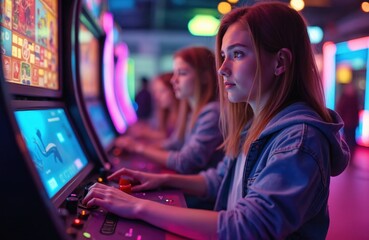 Young woman plays arcade game with neon lights. Neon reflections, bright colors create playful atmosphere. Friends enjoy retro gaming experience, game machine, joystick. Entertainment, fun leisure