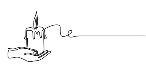 Continuous one line drawing of hand holding burning candle, Hand holding burning candle Continuous one line drawing, candlelight, fire, flame, darkness, warmth.                                        