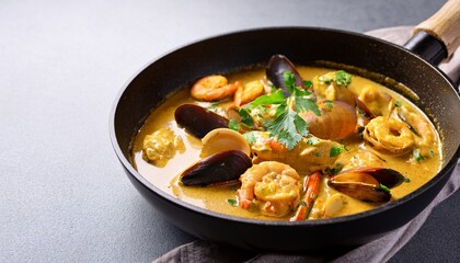 skillet of seafood in creamy curry sauce food shellfish presentation on grey surface