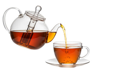 Floral teapot pouring tea into a cup