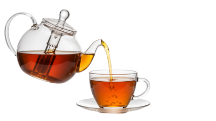 Floral teapot pouring tea into a cup